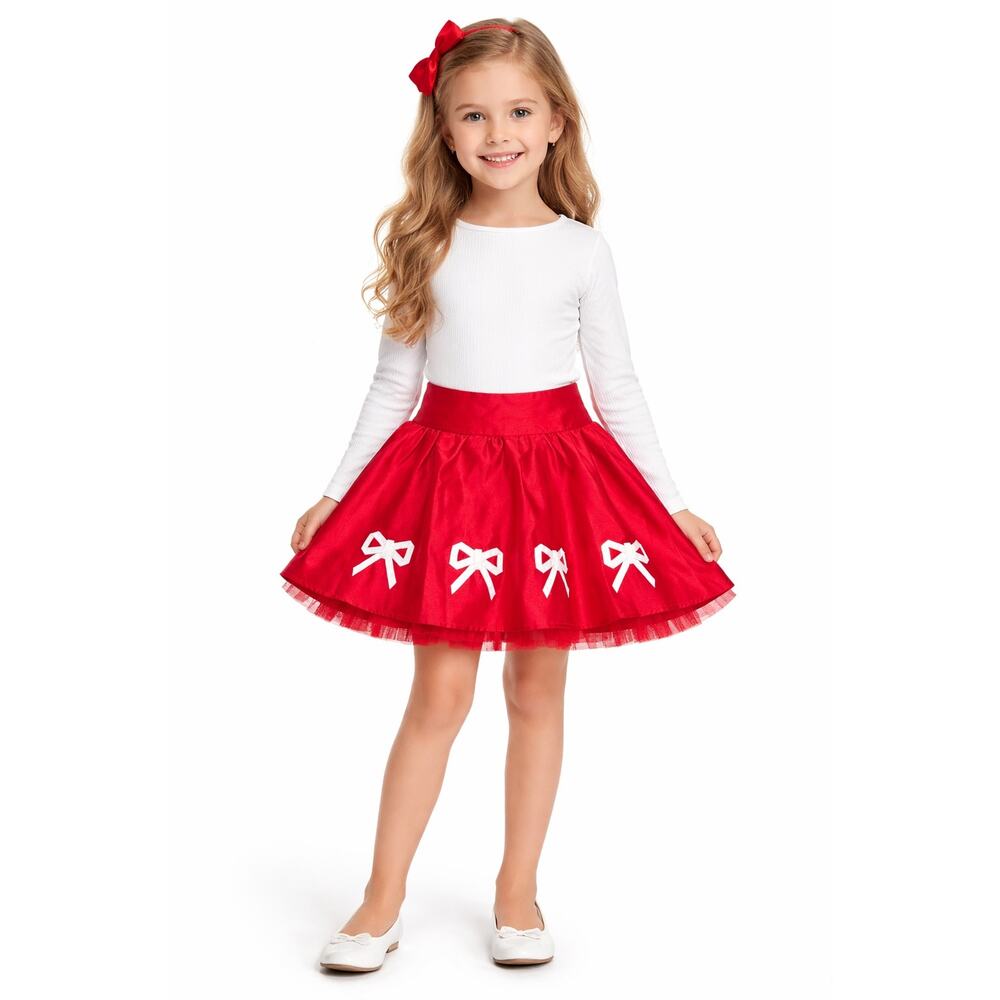 Hartstrings 2000s Red Satin Bow Skirt Formal Hoilday Girls 8